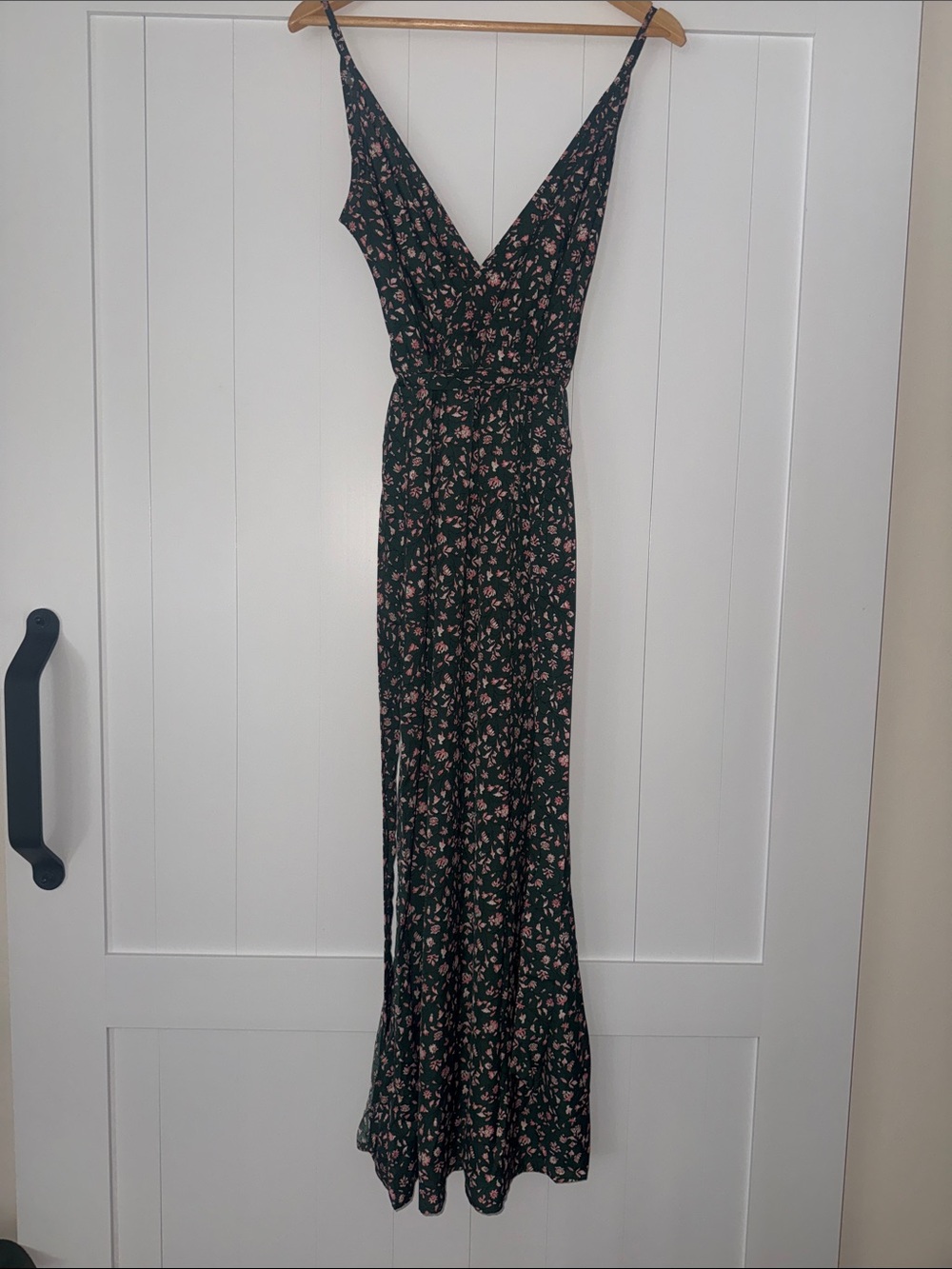 SHEIN Dark Green Maxi Dress with Pink Floral Print and Double V-Neck
